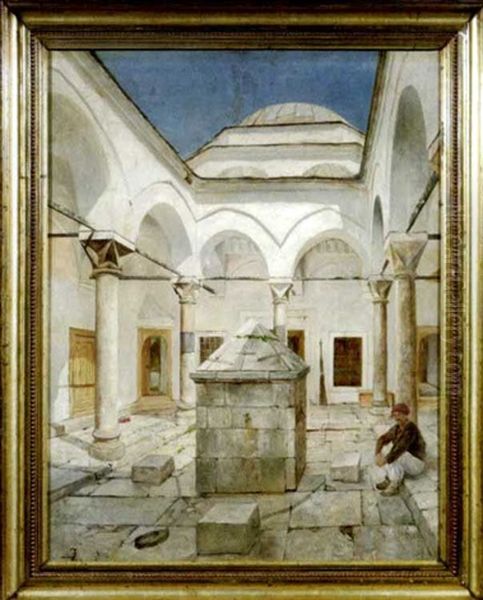 Blick In Einen Sonnenbeschienenen Orientalischen Hof Mit Einem Rastenden Mann Am Rechten Bildrand Oil Painting by Daniel Israel