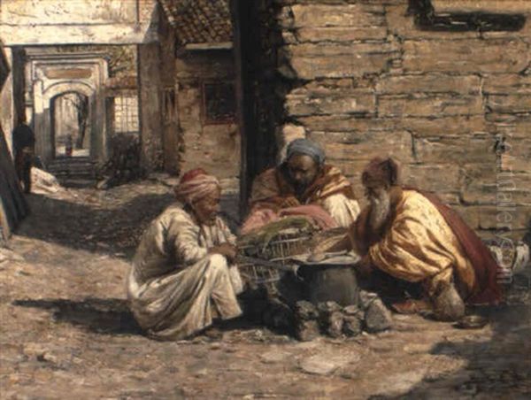 Arabs Seated Around A Street Fire Oil Painting by Daniel Israel