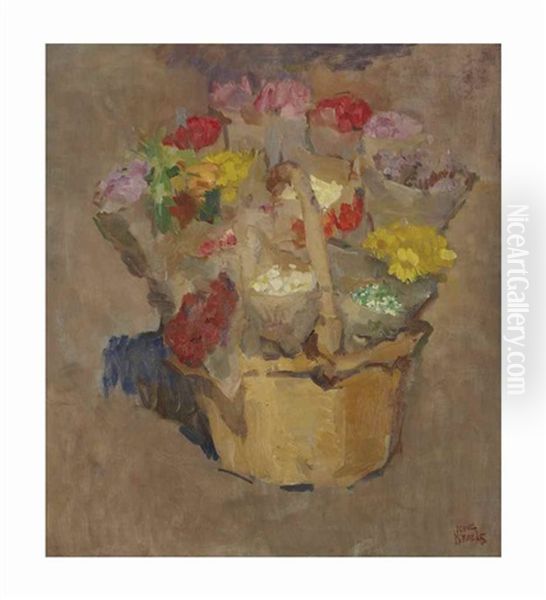 Spring Flowers In A Wicker Basket Oil Painting by Isaac Israels