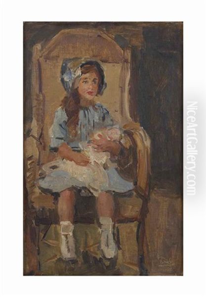 Girl In Blue With A Doll Oil Painting by Isaac Israels