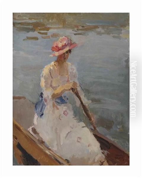 An Elegant Lady On The Thames, London Oil Painting by Isaac Israels