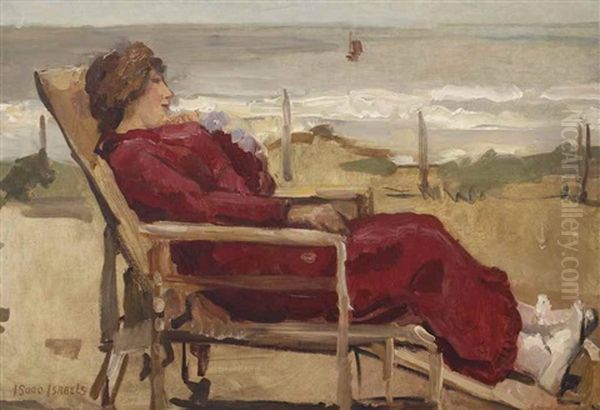 A Lady In Red In A Beachchair, Scheveningen Oil Painting by Isaac Israels