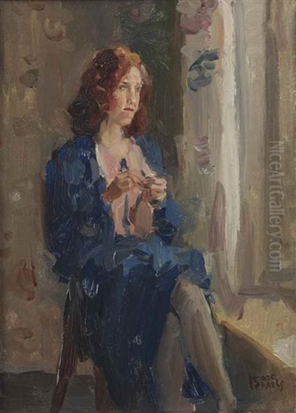 Dame In Het Blauw Bij Venster: Daydreaming Oil Painting by Isaac Israels