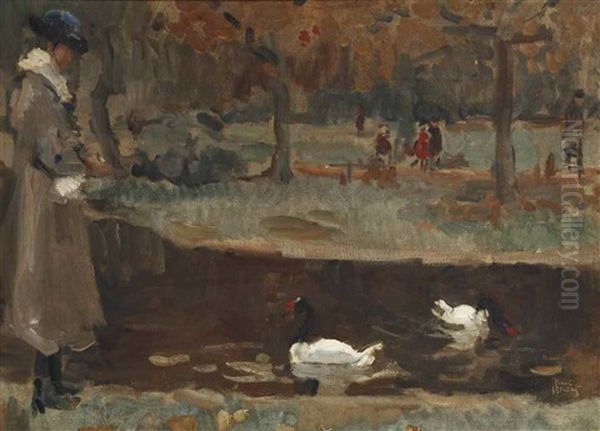 Feeding The Swans In The Zoo, The Hague Oil Painting by Isaac Israels