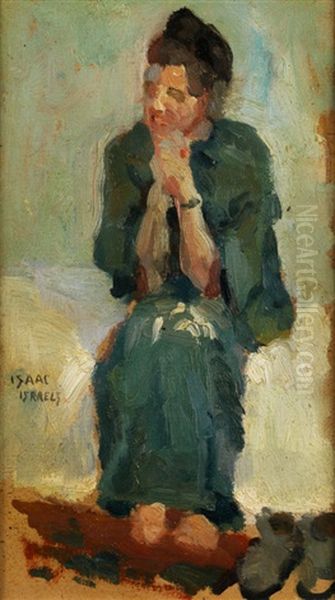 Frau In Grunem Kleid Auf Weissem Polster Sitzend Oil Painting by Isaac Israels