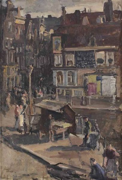 A Bustling Day Near The Haarlemmersluis, Amsterdam Oil Painting by Isaac Israels