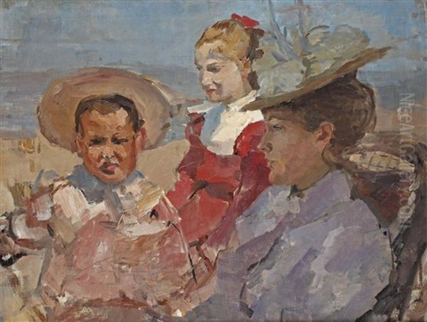 Andrea And Jan De Bloeme With Their Governess, Scheveningen Oil Painting by Isaac Israels