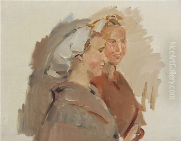 Twee Scheveninger Vissersvrouwen: Two Girls Chatting Oil Painting by Isaac Israels