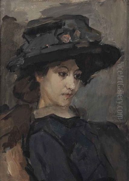 Jonge Vrouw Met Hoed: A Young Lady With A Black Hat Oil Painting by Isaac Israels