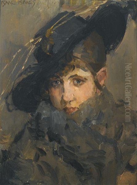 A Lady In A Hat With A Fur Collar Oil Painting by Isaac Israels