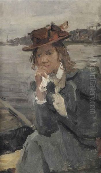 Lady With A Red Hat On The River Thames, London Oil Painting by Isaac Israels