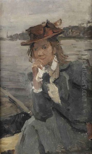 Lady With A Red Hat On The River Thames, London by Isaac Israels