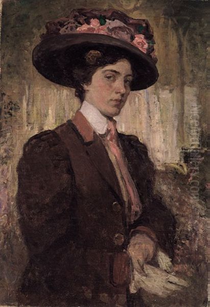 Portrait Einer Jungen, Hubschen Frau Mit Grosem Blutenbesetzten Hut Und Rotbrauner Jacke Oil Painting by Isaac Israels