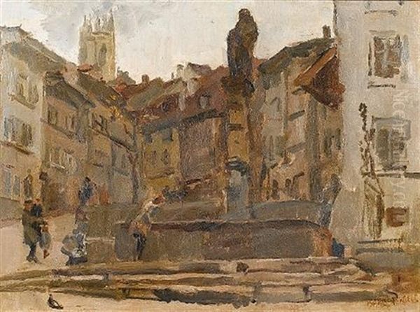 Fontaine St. Anne, Fribourg, Switzerland Oil Painting by Isaac Israels