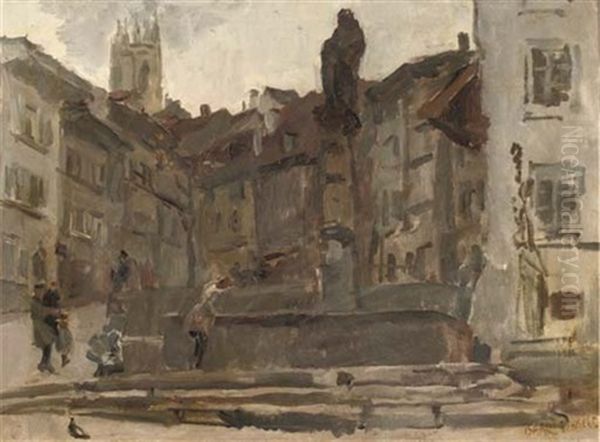 The Fontain St. Anne In Fribourg, Switzerland Oil Painting by Isaac Israels