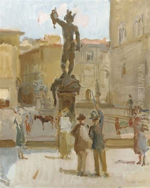 Ancient Beauty: Visitors At The Piazza Della Signoria, Florence Oil Painting by Isaac Israels