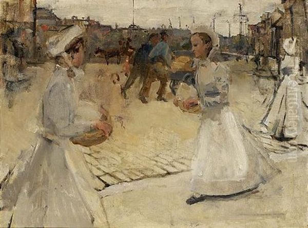 Meisjes Op De Munt (servant Girls On The Muntplein, Amsterdam) Oil Painting by Isaac Israels