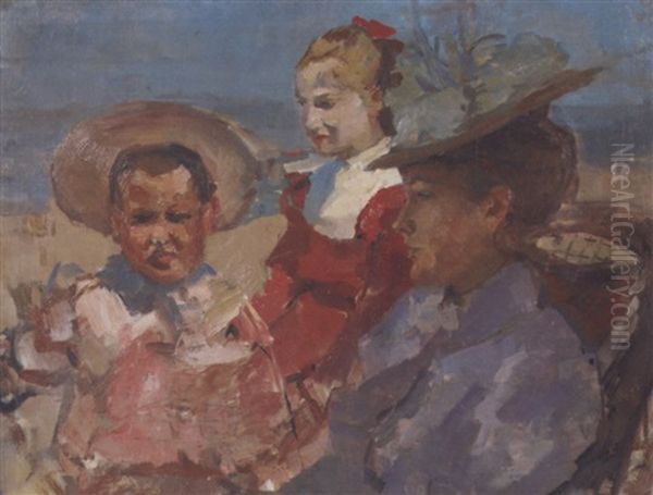 Aan Het Strand: A Governess With Two Children On The Beach, Scheveningen Oil Painting by Isaac Israels