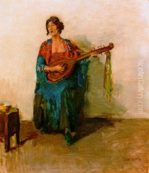 A Portrait Of Guusje Van Dongen Playing The Mandoline Oil Painting by Isaac Israels