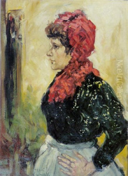 Portrait Of A Lady With A Red Scarf Oil Painting by Isaac Israels