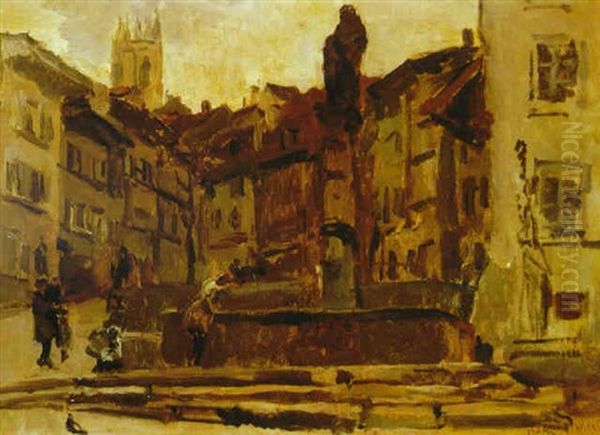 Fontaine St. Anne, Fribourg (switzerland) Oil Painting by Isaac Israels