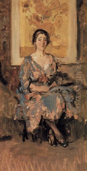 A Lady Seated In Front Of Vincent Van Gogh's Sunflowers Oil Painting by Isaac Israels