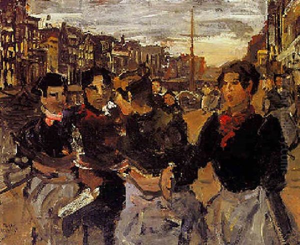 Four Girls On The Prinsengracht Oil Painting by Isaac Israels