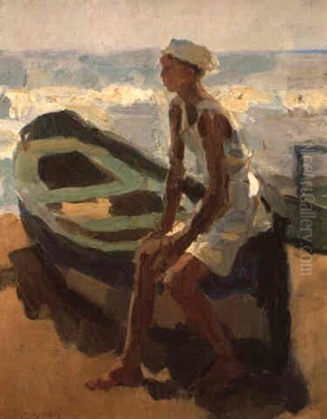 Seated Boy In A Boat By The Beach Oil Painting by Isaac Israels