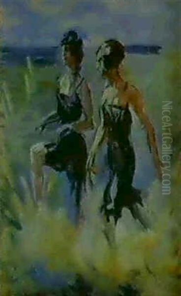 Two Girls Running Through The Breakers Oil Painting by Isaac Israels