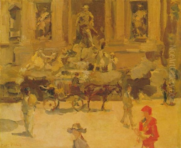 Elegant Figures Strolling In Front Of The Trevi-fountain,   Rome Oil Painting by Isaac Israels