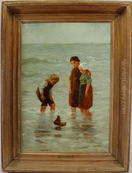 Children Wading In The Shallow Waters Of The Beach Oil Painting by Jozef Israels