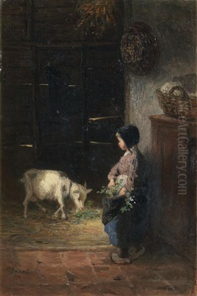 Feeding The Pet Goat Oil Painting by Jozef Israels