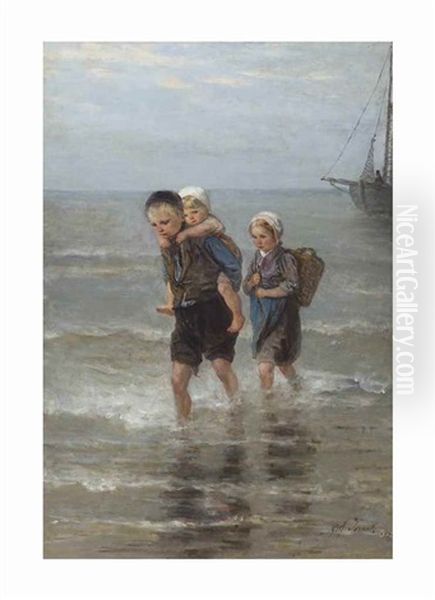 Children In The Breakers Oil Painting by Jozef Israels