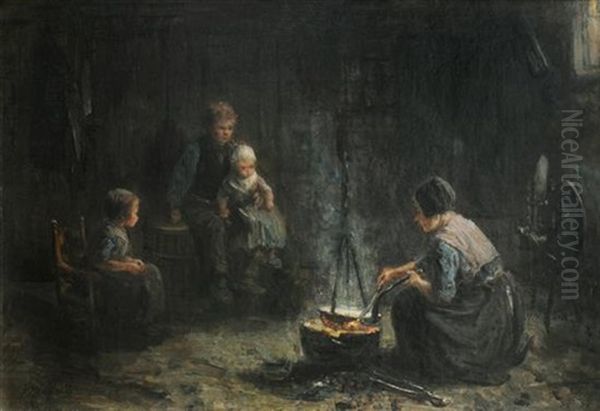 Family In An Interior Oil Painting by Jozef Israels