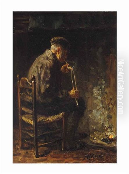 Elderly Man Smoking A Pipe Oil Painting by Jozef Israels