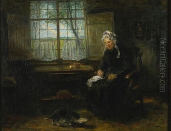 Knitting By The Window Oil Painting by Jozef Israels