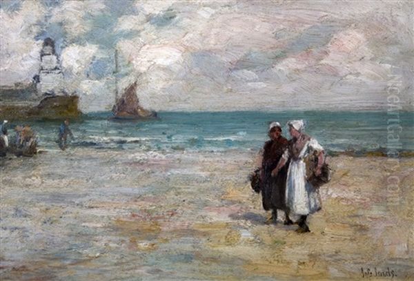 Seascape With Two Ladies On Beach Oil Painting by Jozef Israels