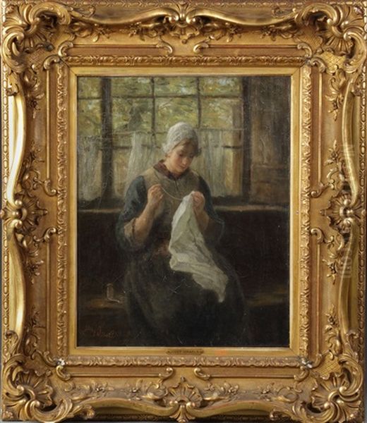 Young Lady Knitting Oil Painting by Jozef Israels