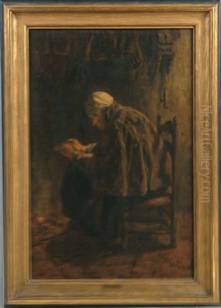 Peasant Warming Her Hands At The Fire Oil Painting by Jozef Israels