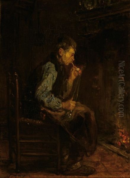 Smoking Man By A Hearth-fire Oil Painting by Jozef Israels