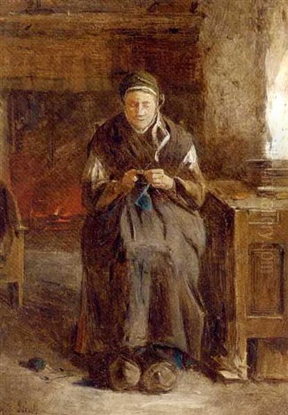 A Woman Knitting By The Fire Oil Painting by Jozef Israels