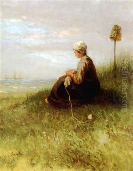 Girl Knitting In The Sand Dunes Looking Out To Sea Oil Painting by Jozef Israels