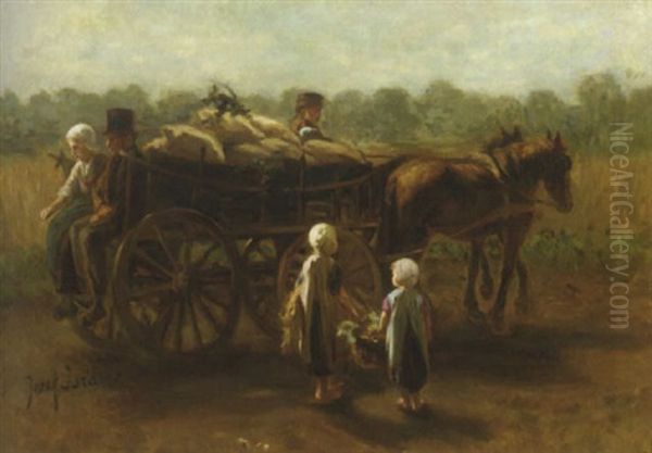 De Aardappeloogst: A Peasant Couple On A Horse Cart Oil Painting by Jozef Israels