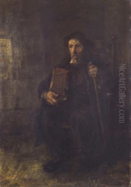 A Jewish Scholar Holding A Holy Book Oil Painting by Jozef Israels