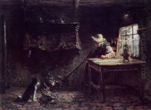 Old Woman Near Fireplace Oil Painting by Jozef Israels