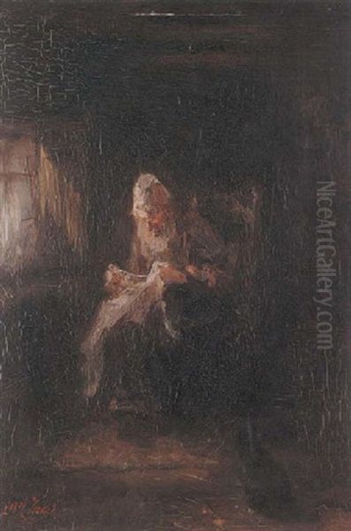 Old Woman Sewing Oil Painting by Jozef Israels