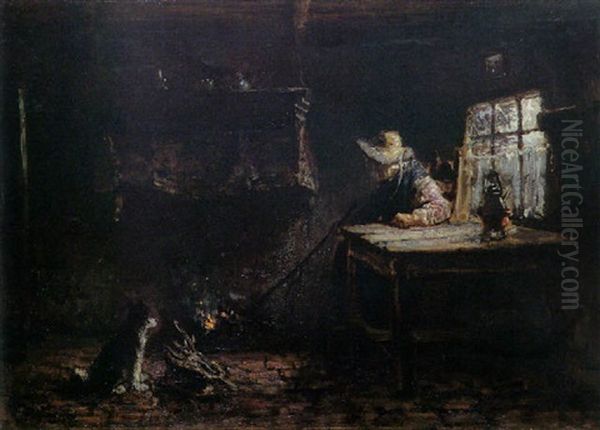 Old Woman Near Fireplace Oil Painting by Jozef Israels