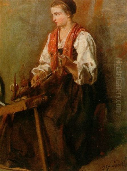 A Peasant Girl At A Spinning Wheel Oil Painting by Jozef Israels