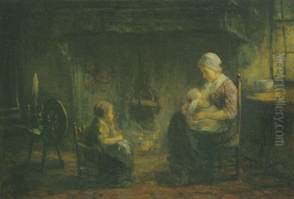 Interieur Met Moeder En Kinderen Oil Painting by Jozef Israels