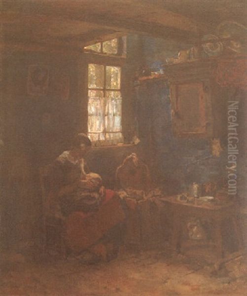 Dutch Farmhouse Interior With A Nursing Mother Oil Painting by Jozef Israels